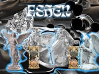 angels, statues, and a clock with the word esen